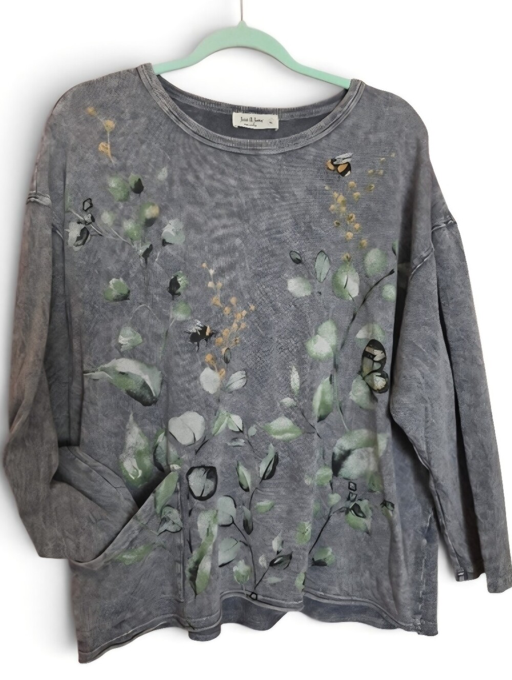Botanical Print Crewneck Sweatshirt - Gray with Green